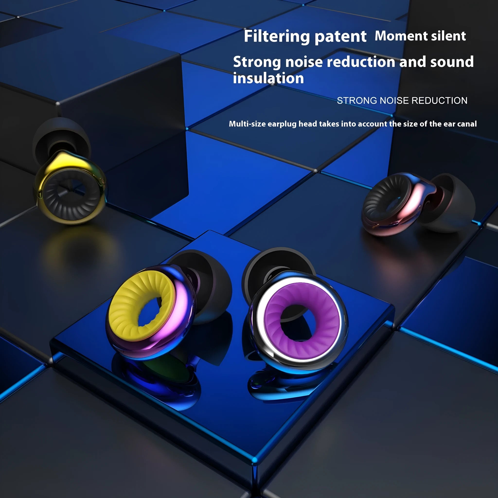 Noise reduction earplugs in gold, silver, transparent, purple, and rose gold with storage box