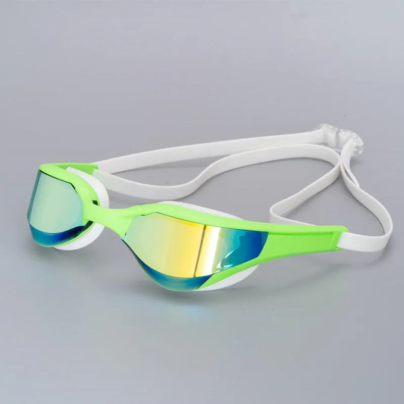 Racing style swimming goggles with mirror lenses and adjustable nose bridge on a blue background.