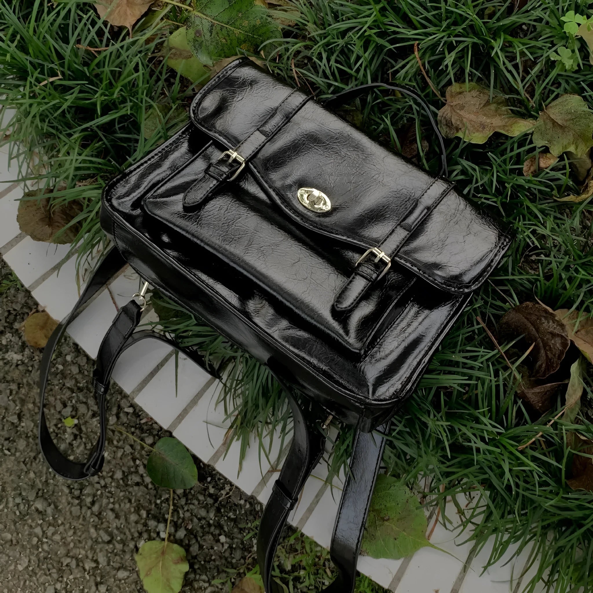 Black college style messenger bag for women with oil wax PU leather finish showing 35cm length dimensions