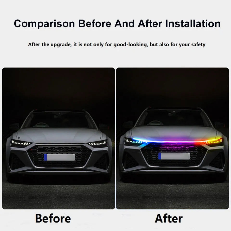 Flexible PVC LED light strip for automotive engine bay, showing white illumination through a car grille.