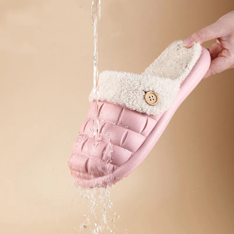 Plaid patterned detachable slippers for women with plush lining and a textured EVA anti-skid sole.