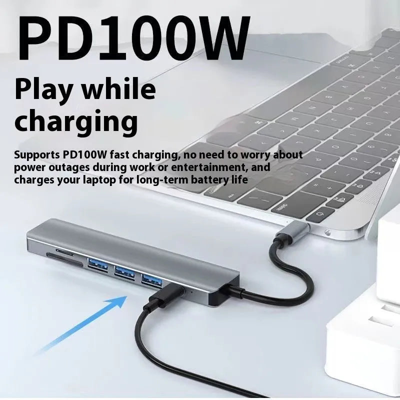USB-C 7-in-1 expansion dock with HDMI port, USB 3.0 ports, and card readers connected to laptop