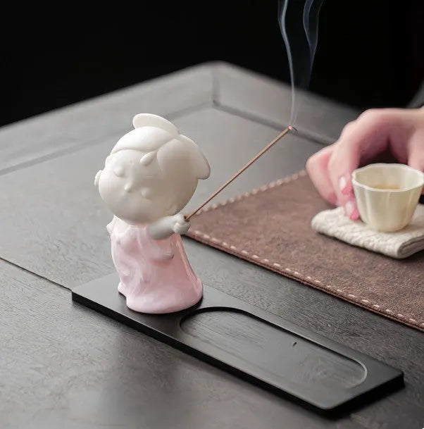 Ceramic court attendant incense burner decoration in cute female figure design
