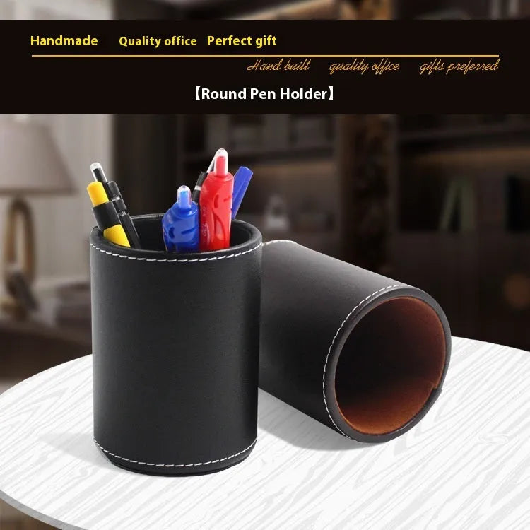 Black leather round pen holder with 8cm diameter and 10.8cm height for desk organisation