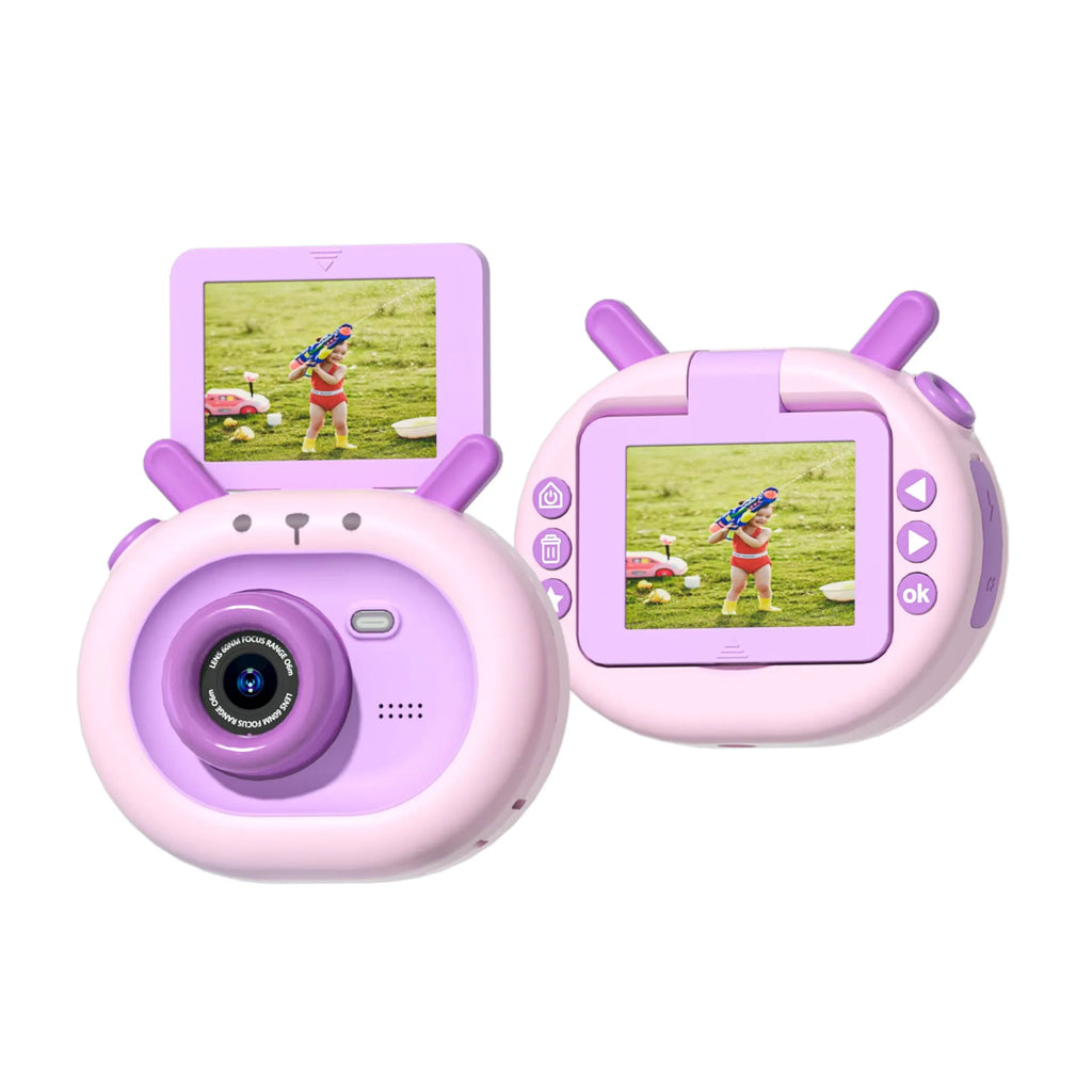 Purple children's digital camera with flip screen, silicone case, and USB cable