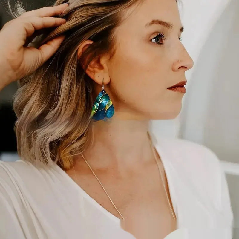 Acrylic flat branch knot earrings with printed drop shape design in style variations