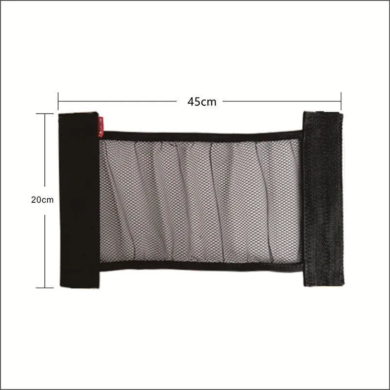Elastic polyester car boot storage net shown holding shopping bags, available in 20x45cm or 20x35cm sizes.