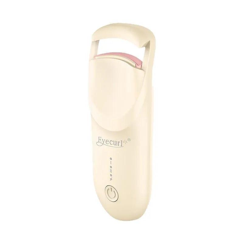 USB rechargeable electric eyelash curler in cream white, maca pink, or vanilla apricot colour with ceramic heating plate.