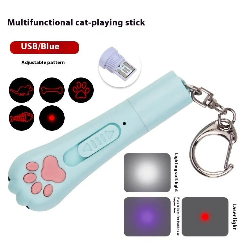 Infrared cat teasing stick toy with moon-light lamp and laser projector in blue pink purple or white colours