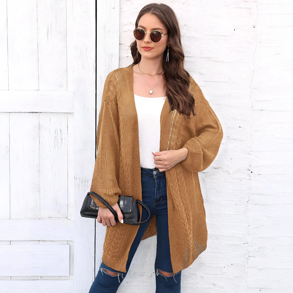 Women's loose acrylic sweater coat in solid colours including army green, black, brown, light grey, and rose red