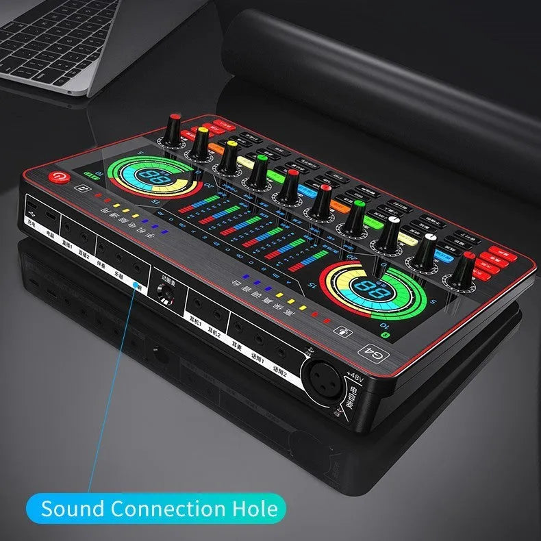 G4 professional live sound card mixer set with microphone, remote control, and audio cables on a table