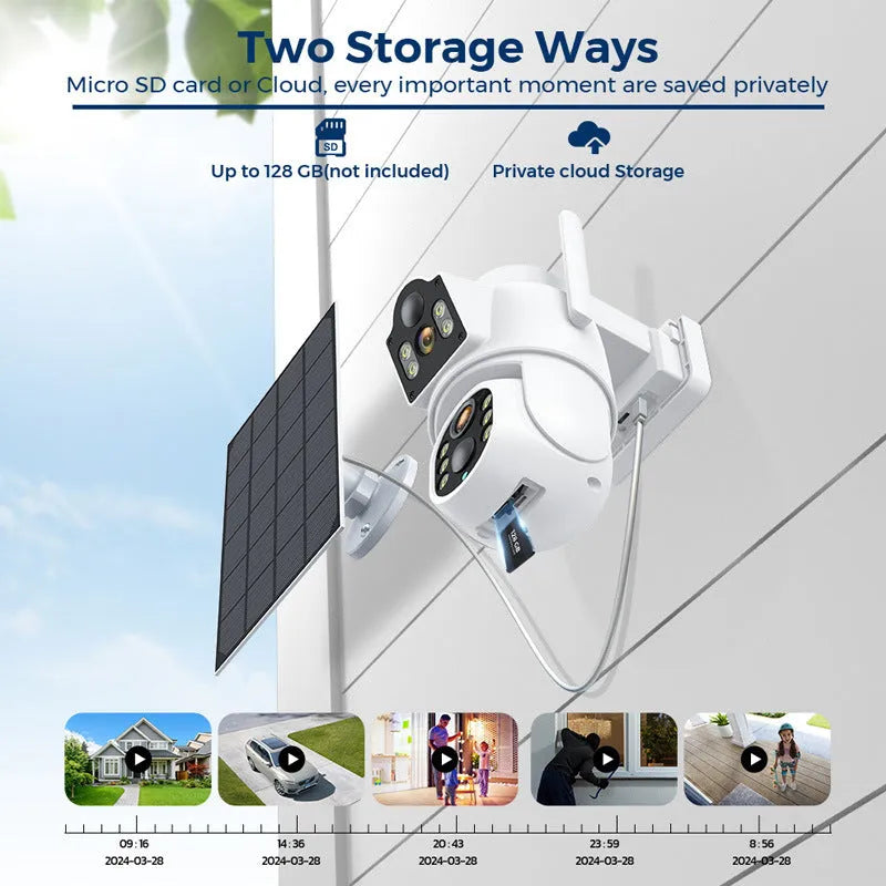 Outdoor solar-powered WiFi security camera with solar panel in white or black/white casing.