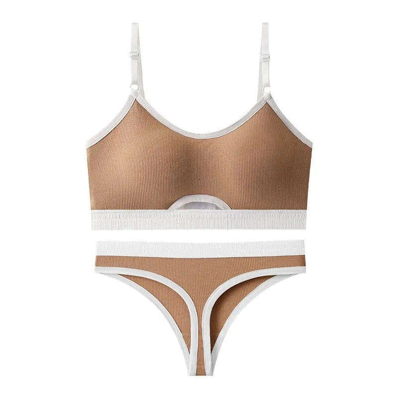 Women's contrast colour sports bra and briefs set with underwired tube top and thin moulded cups.