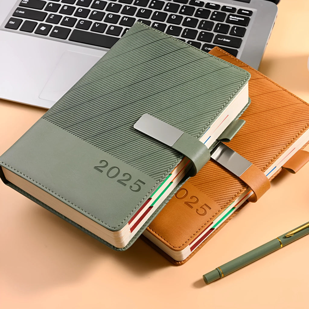 Thick business notepad with striped PU leather cover showing colour options and open pages