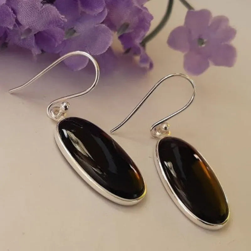 Black geometric women's earrings with oval agate pendants on 925 silver posts