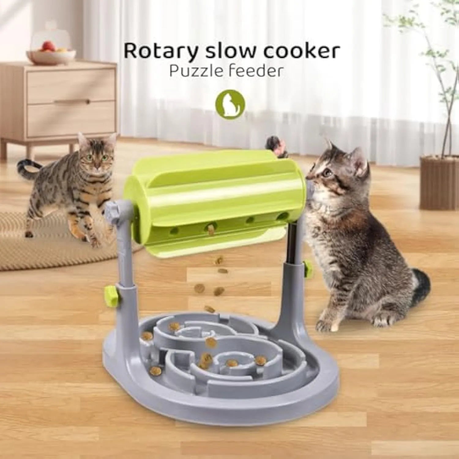 Blue interactive pet slow feeder bowl with adjustable height and puzzle design