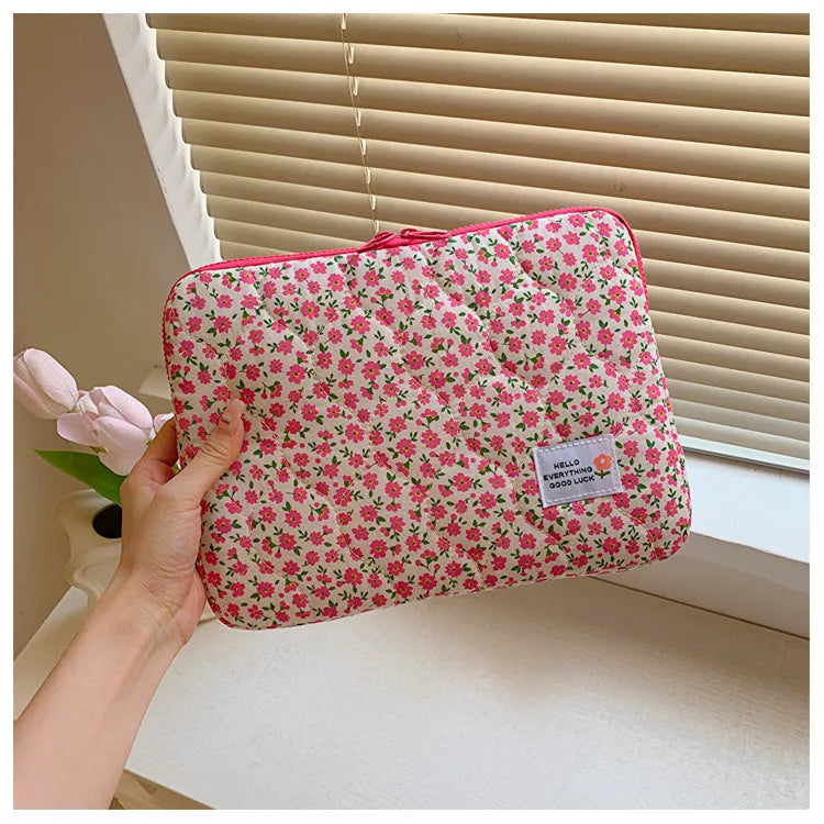 Little flower printed laptop bag in breathable cloth with anti-seismic protection shown in green floral pattern