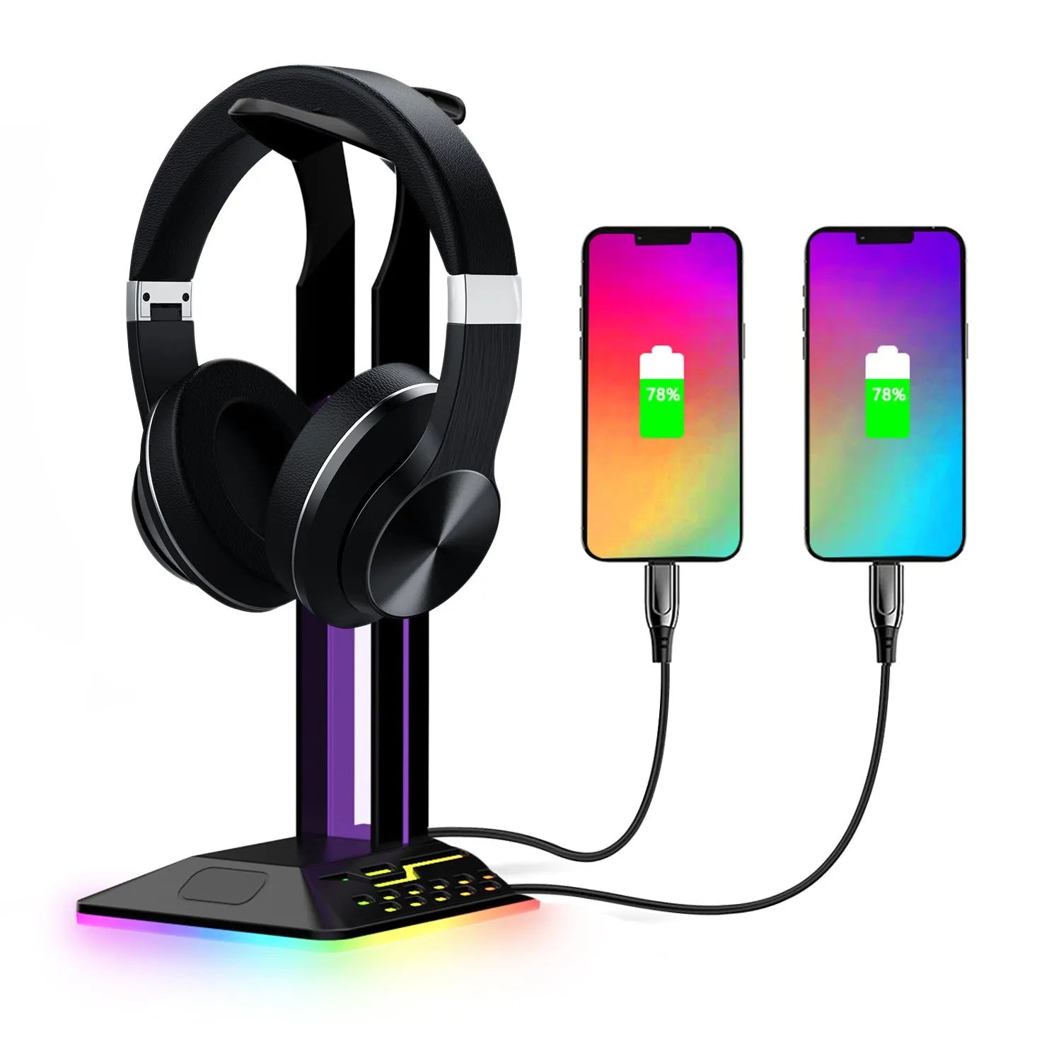 RGB colour-changing headset display bracket with dual USB ports and a 1.5-metre cable on a desk