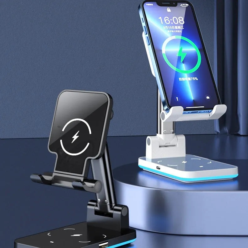 Cool black wireless charging desktop phone holder stand showing phone positioned upright on charging surface