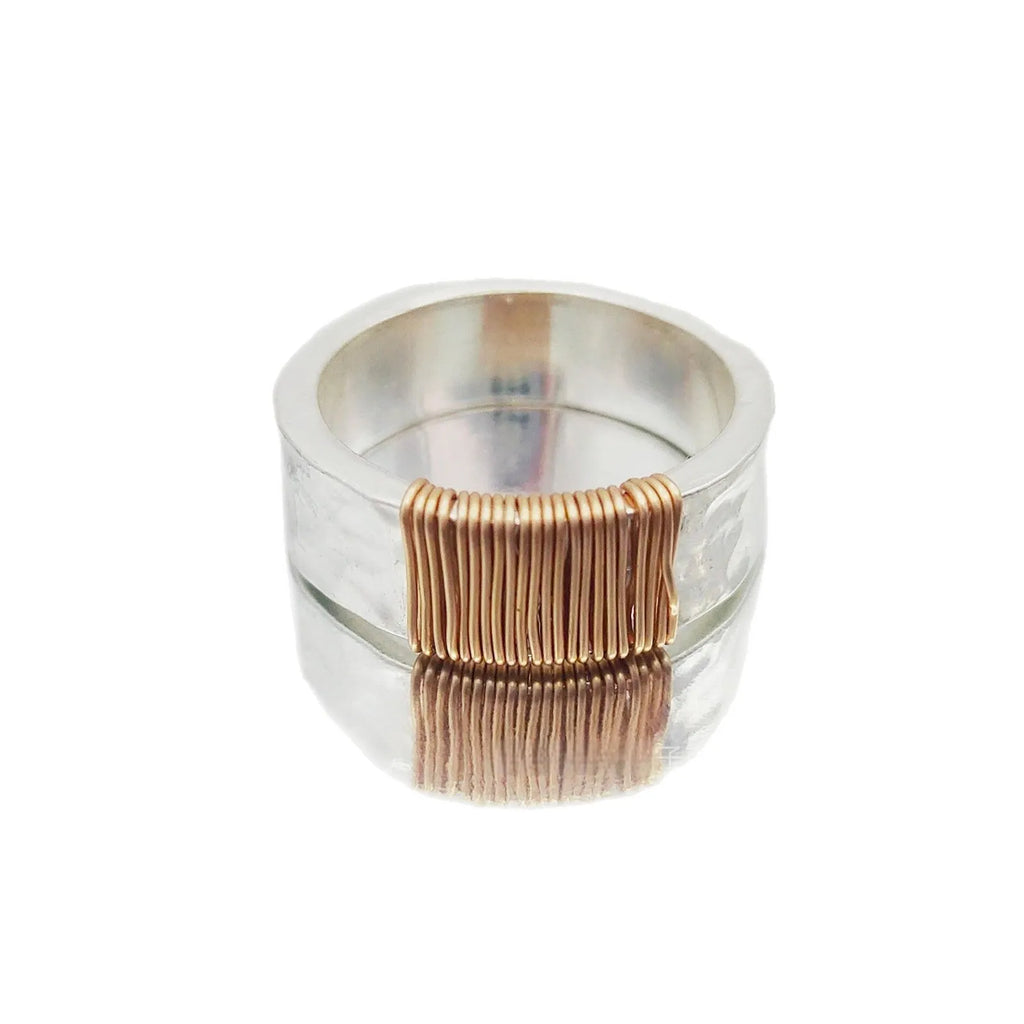 Geometric copper ring bracelet with irregular coil design in silver gold finish