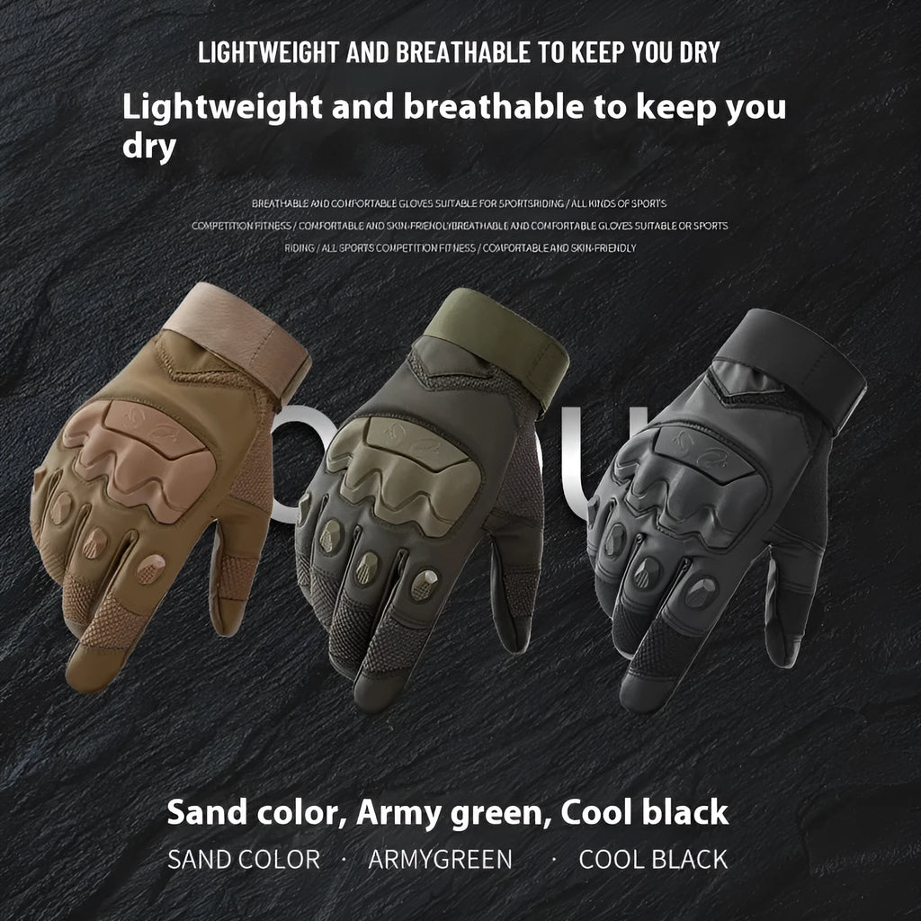 Men's black tactical gloves with full finger design and touch screen compatible fingertips