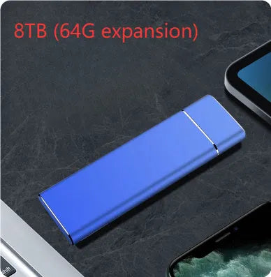 Sapphire blue metal portable solid state external hard drive with USB cable