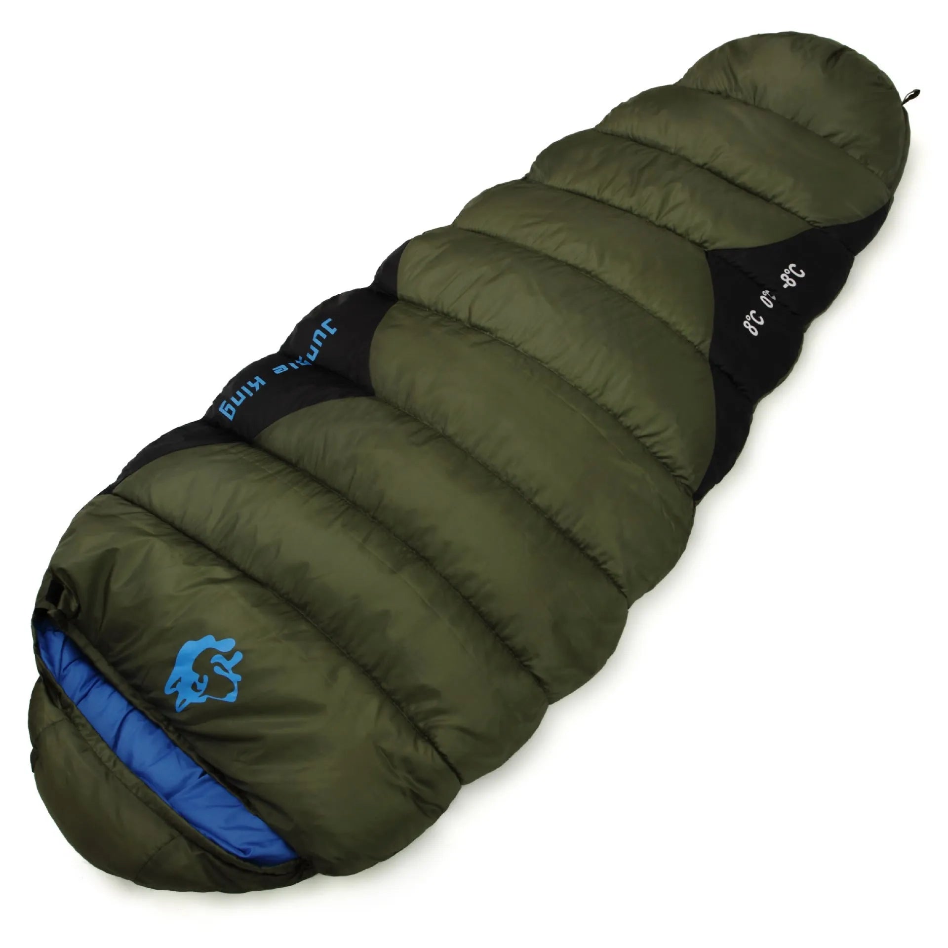 Outdoor cotton sleeping bag in army green, shown next to its grey compression storage sack