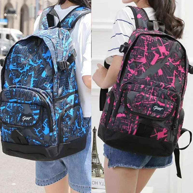 Classic large blue nylon backpack and classic large red nylon backpack side by side.