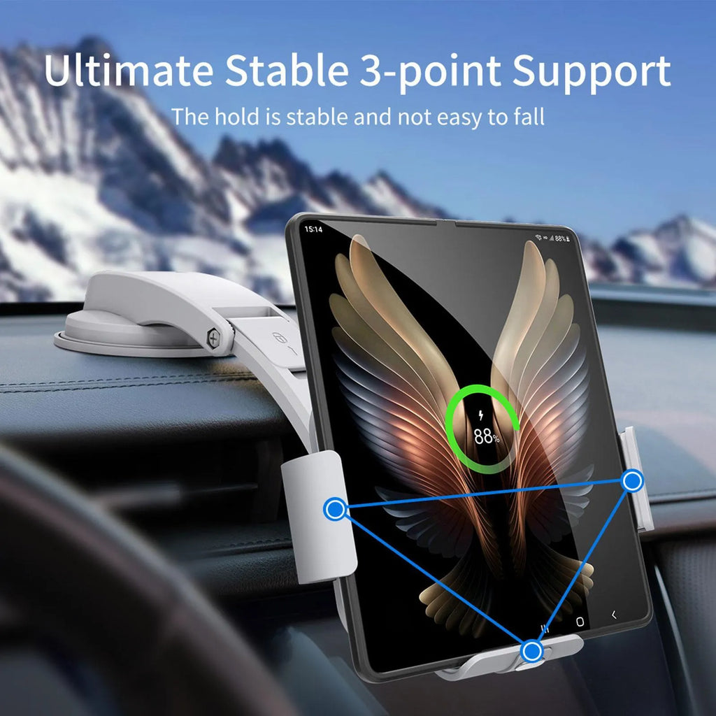 Grey wireless charging bracket with folding screen for mobile phones in vehicle use