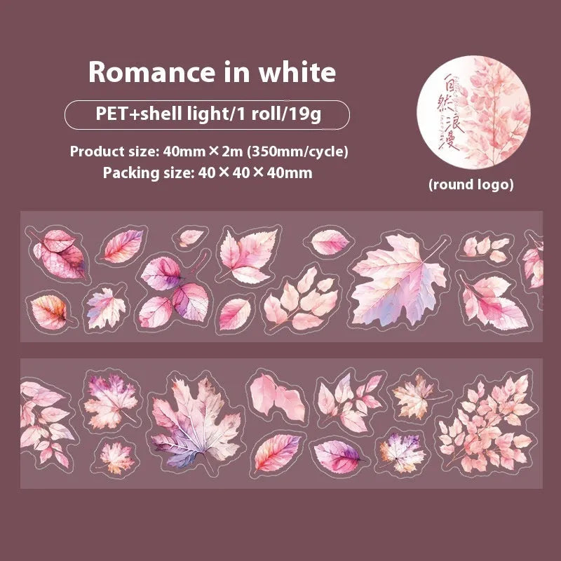 Six rolls of transparent PET decorative stickers with leaf patterns for hand account books