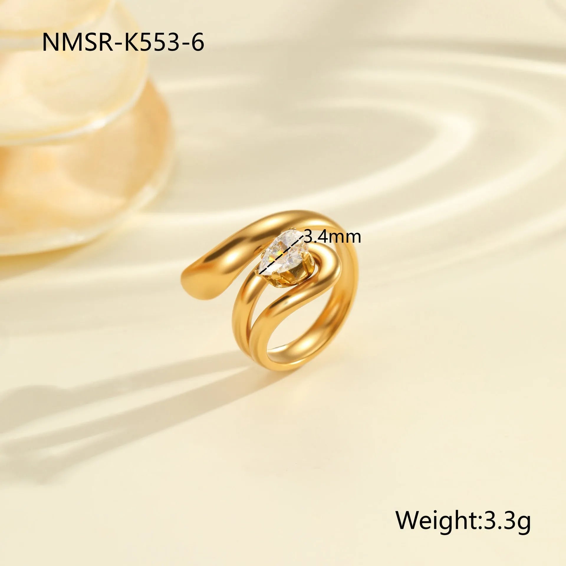 Geometric open mouth zircon ring showing adjustable design and electroplated finish