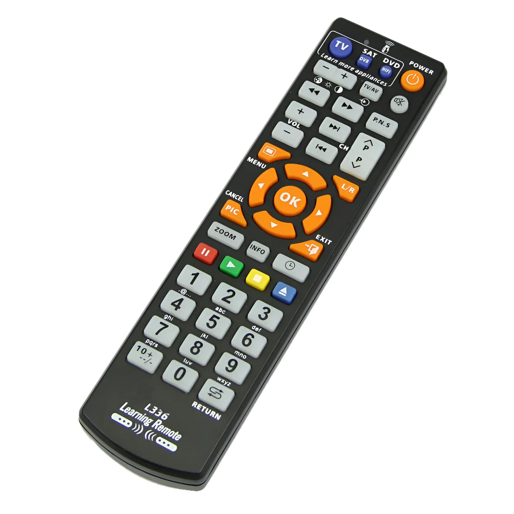L336 black universal learning remote control with full key layout and 8-metre transmission range