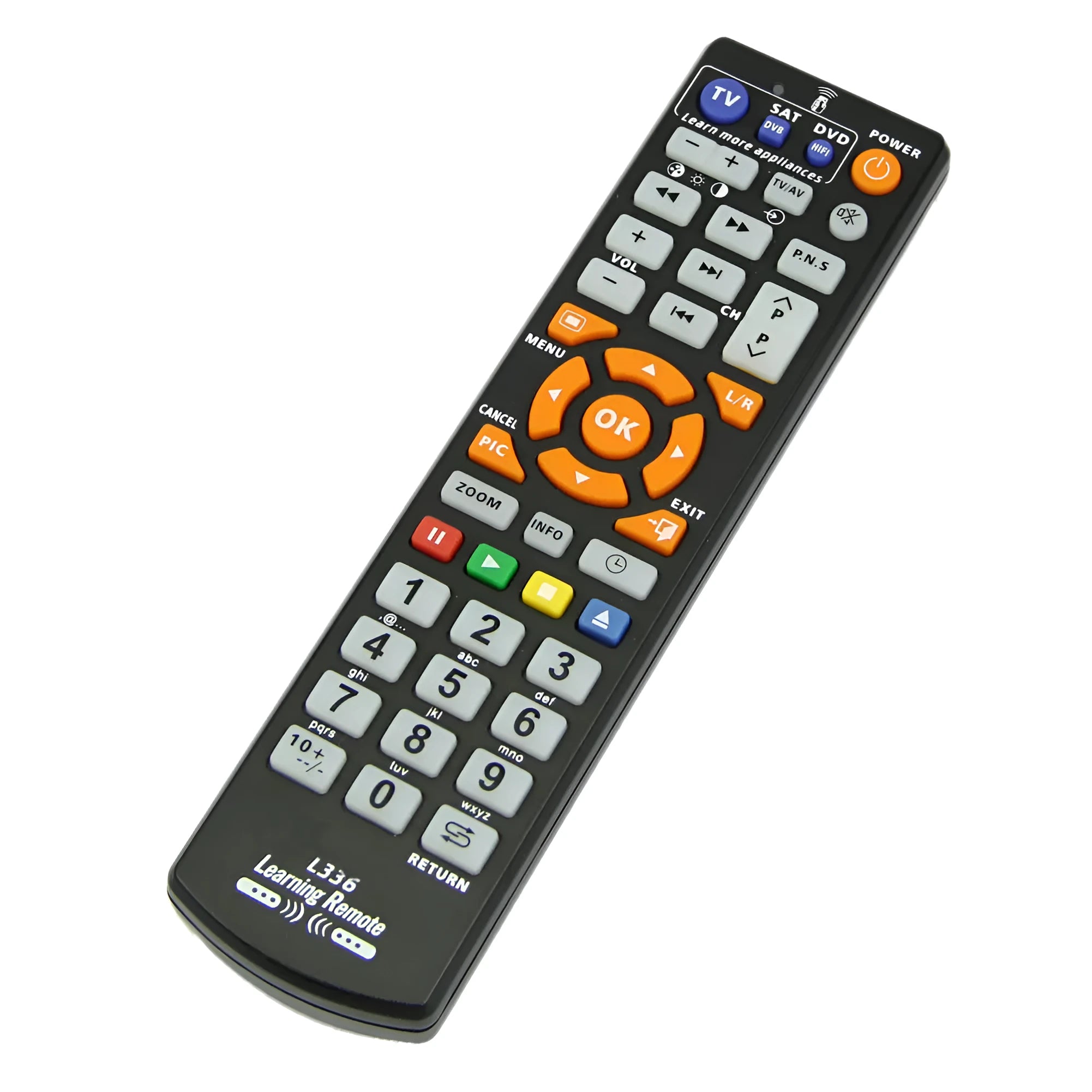L336 black universal learning remote control with full key layout and 8-metre transmission range