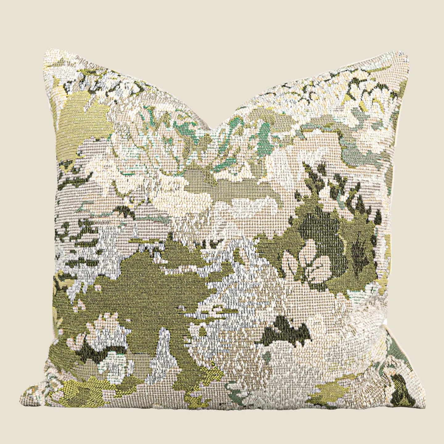 Green wool blended cushion with abstract floral pattern in French antique Chinese style