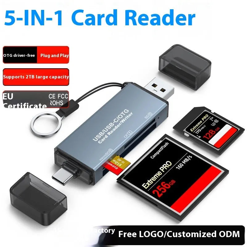 CF SD TF three-in-one aluminium card reader with USB connection for computer and mobile phone