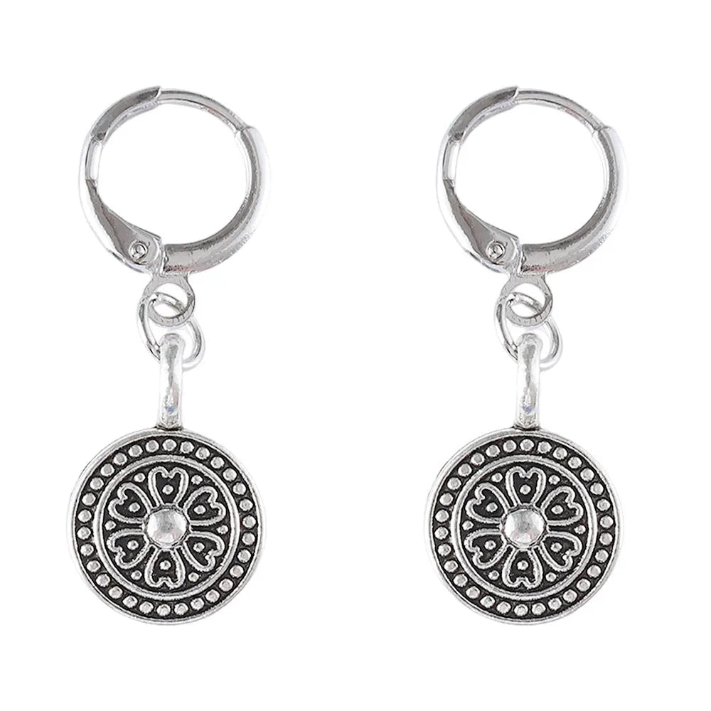 Round geometric bohemian earrings with distressed ethnic retro design in zinc alloy with electroplated finish