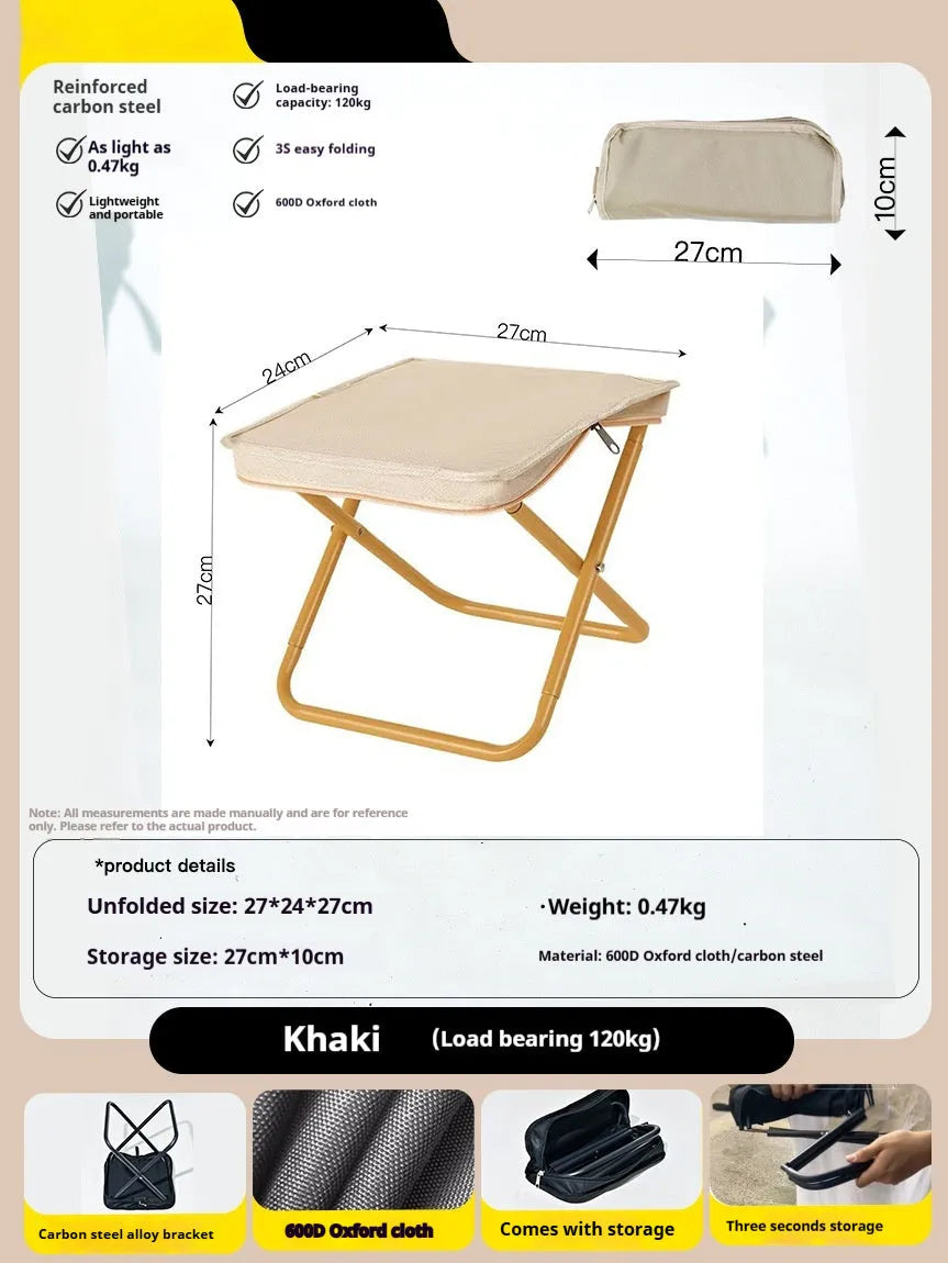 Foldable outdoor camp stool in Oxford cloth shown in a khaki colour, collapsed in its flat pencil box design.