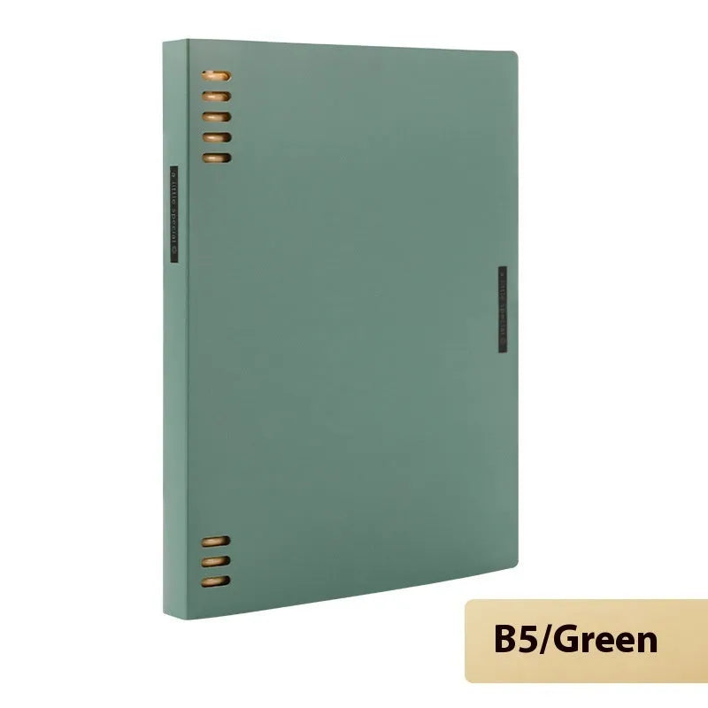 Refillable loose-leaf spiral notebook with PP cover open, showing raw wood pulp paper in grid ruling.