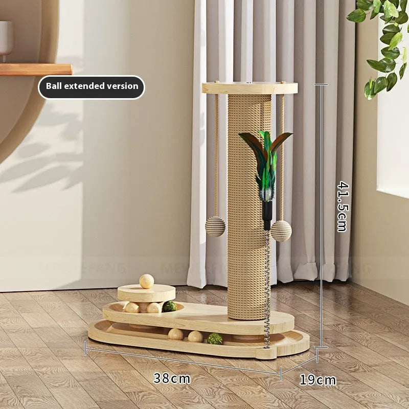 Solid wood cat scratching post with a central turntable, shown in a basic large flower style.