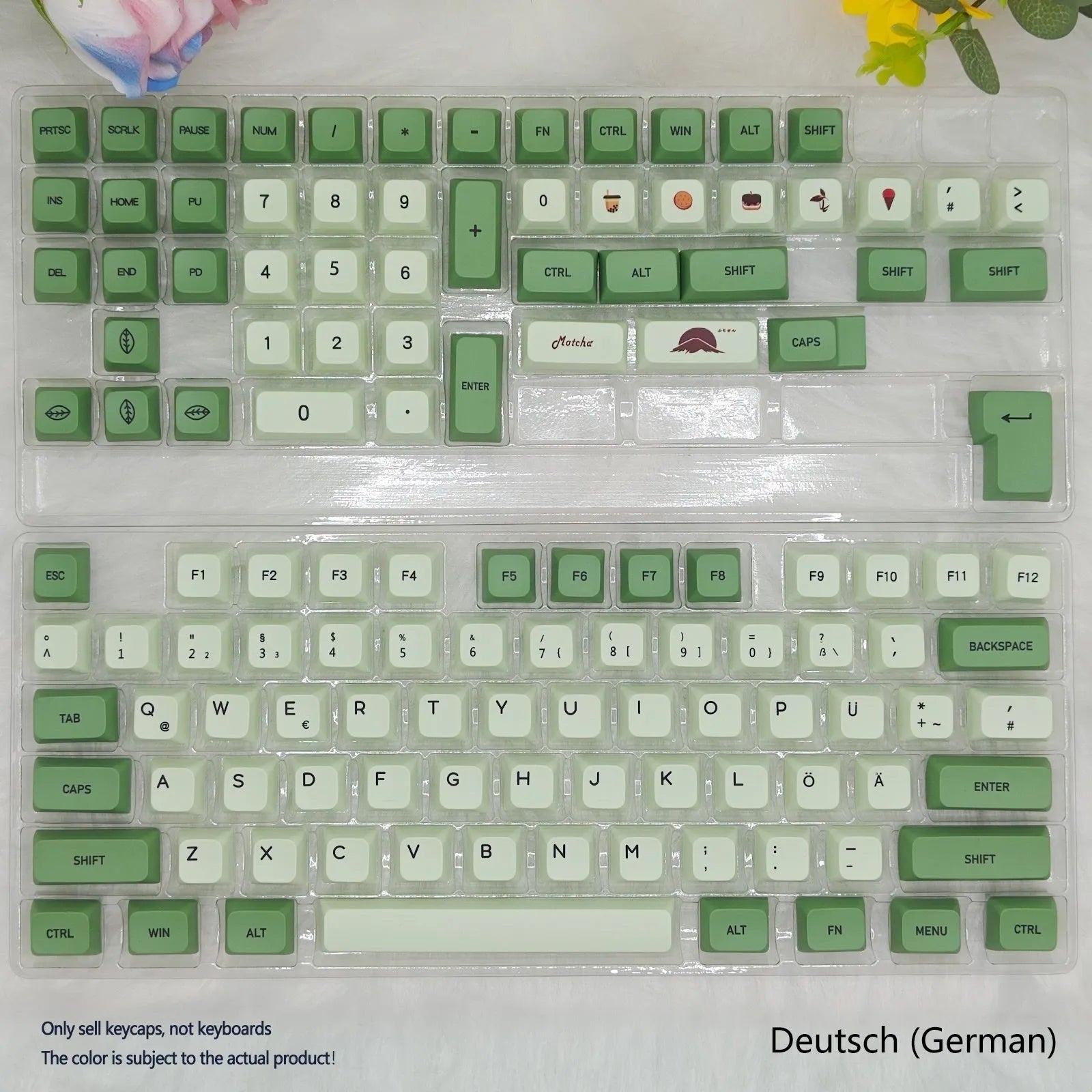 Matcha green PBT keycap set with 124 keys for mechanical keyboards, showing sublimation dye legends.