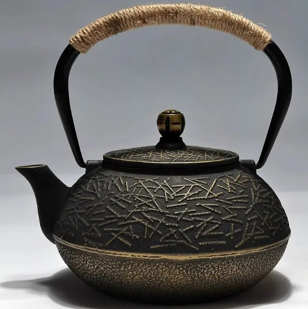 Japanese cast iron teapot with decorative pattern and enamel interior, 0.9L capacity