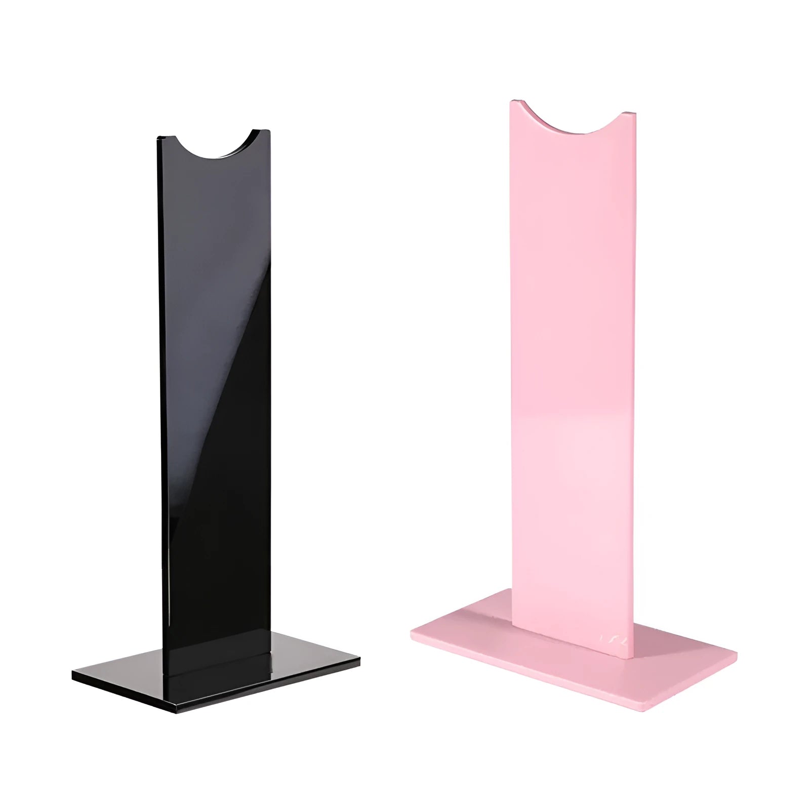 Pink and black detachable gaming headset stand on a desk with a non-slip silicone base.