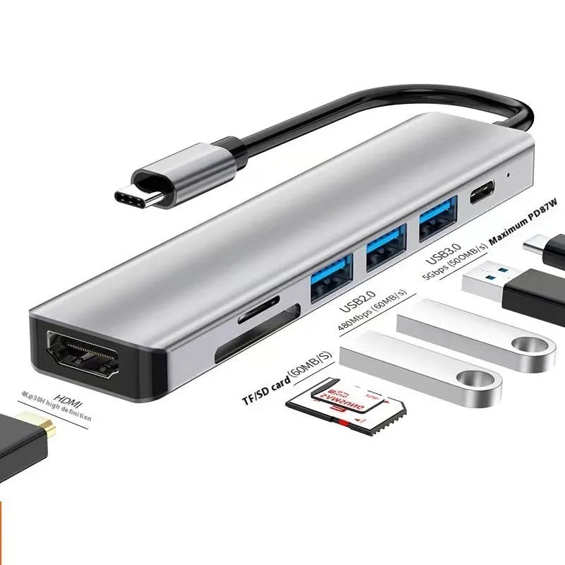 USB-C 7-in-1 expansion dock with HDMI port, USB 3.0 ports, and card readers connected to laptop
