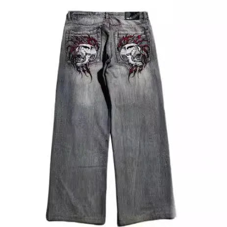 Men's grey washed-out wide-leg jeans with straight-leg opening and retro workwear design