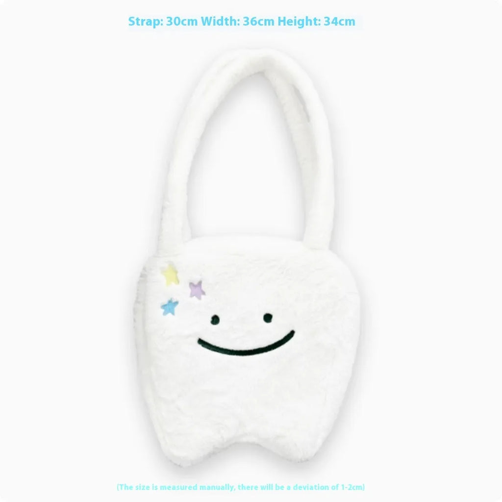 White plush shoulder tote bag with cute teeth pattern and zipper opening