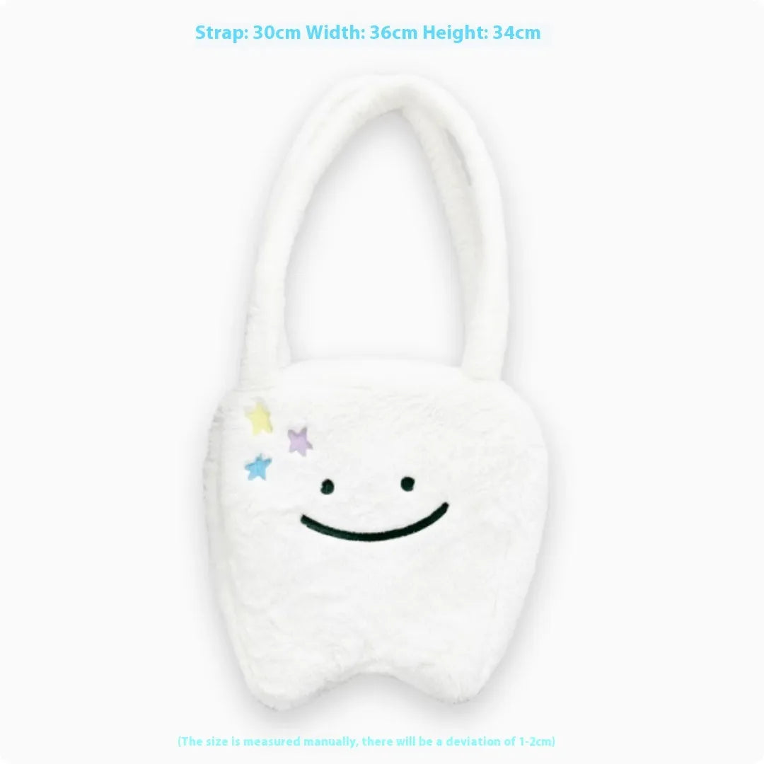White plush shoulder tote bag with cute teeth pattern and zipper opening