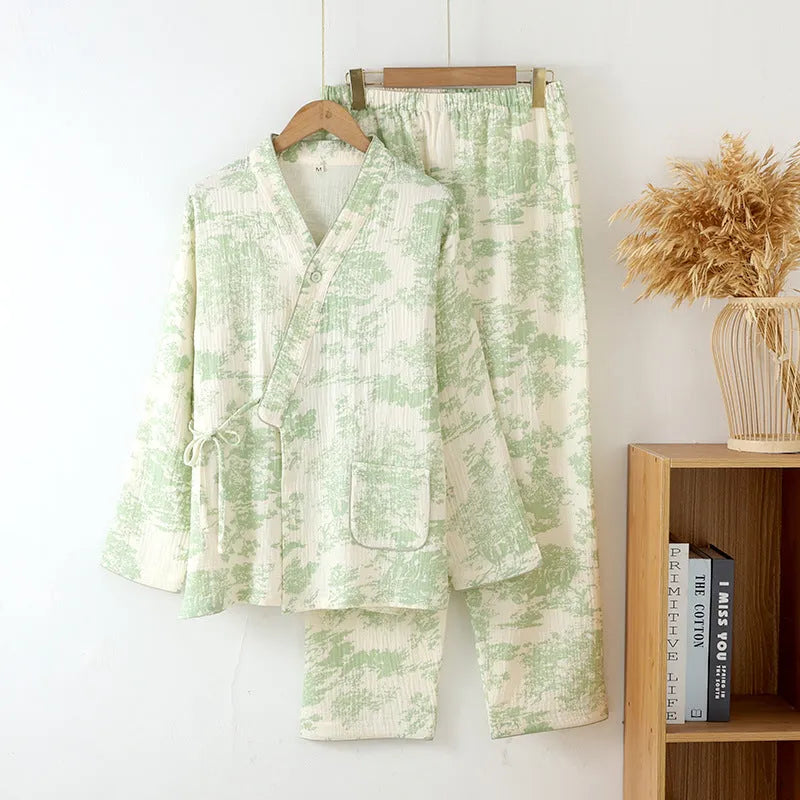 Women's cotton gauze homewear set with long sleeve top and lace-up trousers in frosted pine tree colours