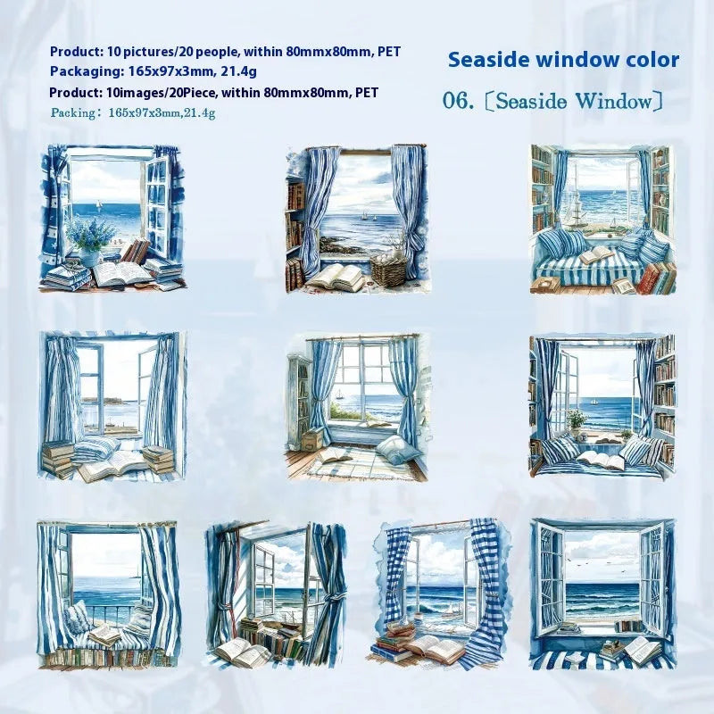 Retro window-themed journal stickers set with six different nature scene designs