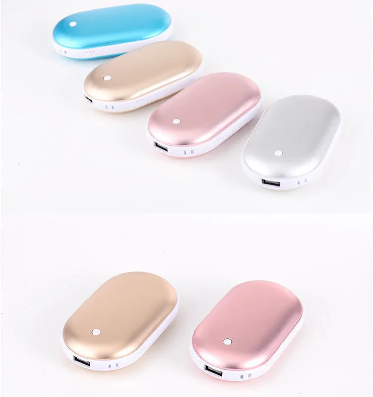 Compact rechargeable hand warmer and power bank with digital display in assorted colours.