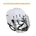 Ice hockey helmet with a carbon steel face mask shown in a size, featuring a hard white shell and cushioned black interior.